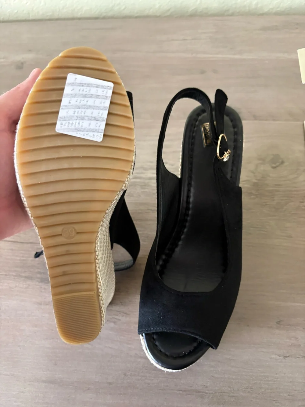 NWOT Black Peep Toe Slingback Wedge Sandals Woven Platform Size 39
